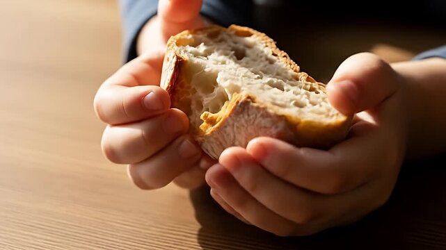 Child's hands gently hold a bitten piece of crusty bread, lit by warm, natural light