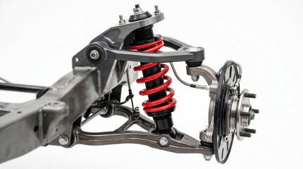 Naklejka premium 自動車用サスペンションシステムのクローズアップ。足回りのカスタムやチューニング、自動車部品カタログ・広告向けの白背景商品写真素材