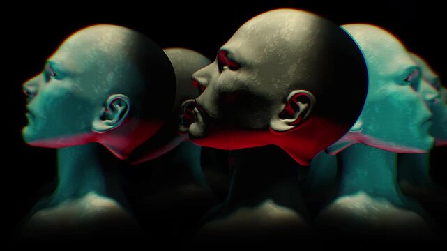 A dark looping background of endless rows of hollow mannequin style humanoid clones.