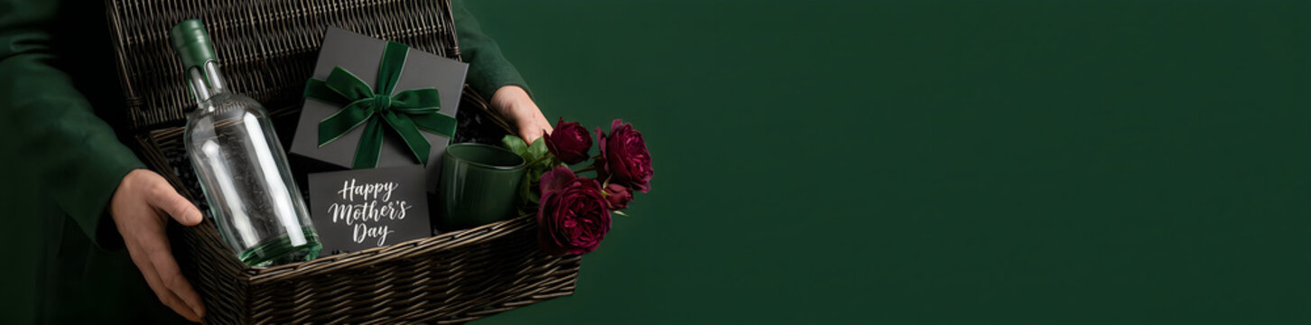 Mother's Day Person holding a curated gift hamper with wine and flowers for Mother's Day celebration and seasonal holiday gifting