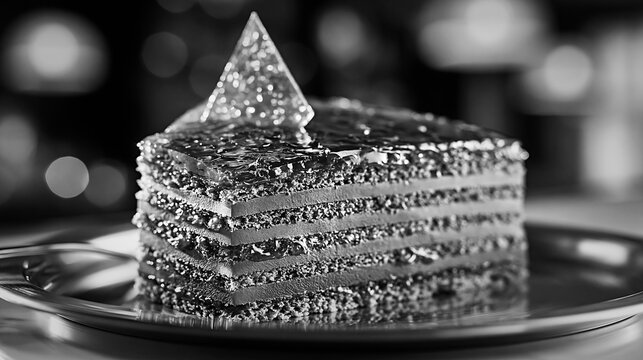 Slice of classic Dobos torte cake with chocolate layers in black and w