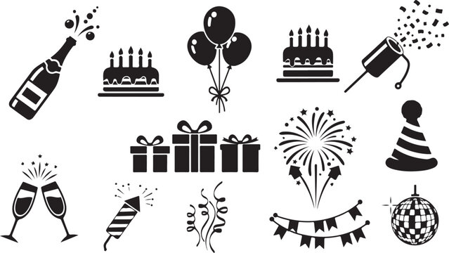 Birthday Celebration Icons and Symbols Set Black