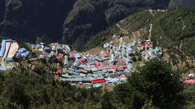 Namche Bazar Village in the Himalayan Mountains seen from above, Nepal