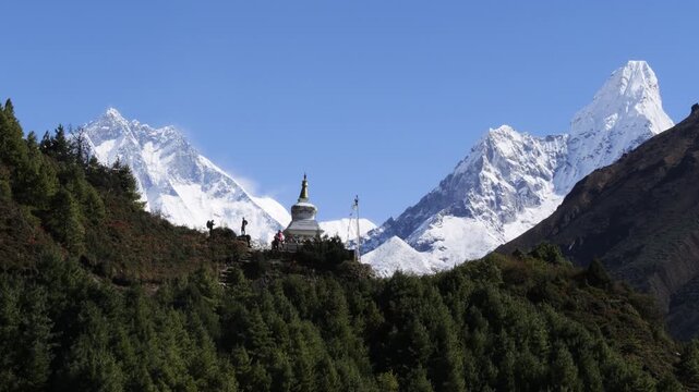 Panoramic View of Ama Dablam, Lhotse and Everest Behind a Buddhist Stupa, Nepal