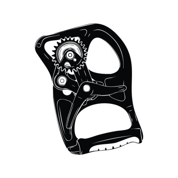 Silhouette mechanical belay device for climbing safety.