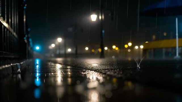 Dark rainy night with heavy rain cascade concept. Wet urban street at night with glowing streetlights and reflective rain puddles in city atmosphere
