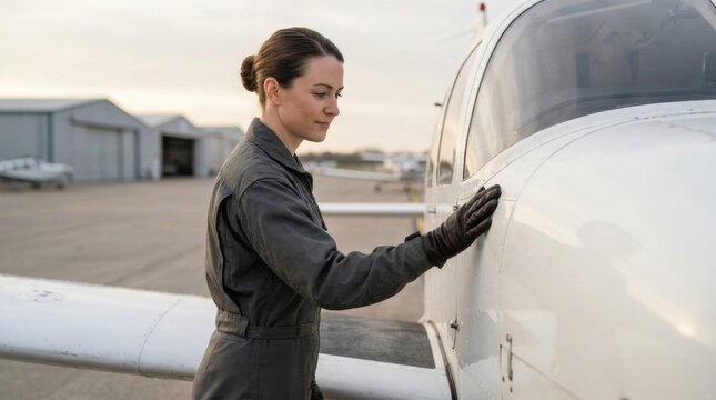 Focused woman pilot performing exterior preflight inspection beside a small airplane at a quiet regional airfield, touching polished fuselage in soft dawn light with hangars and runway calm behind