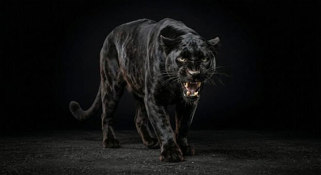 Angry black panther growling and showing teeth on dark background in dramatic studio lighting close up.