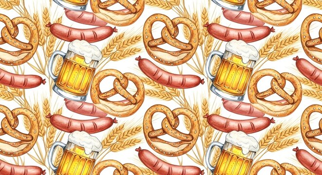Oktoberfest Pattern: Beer Mugs, Pretzels, Sausages, and Wheat Ears Watercolor