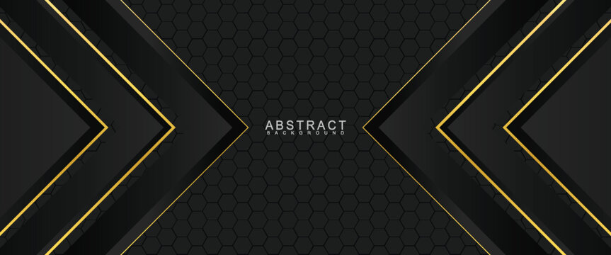 Modern black background vector on dark space with abstract style for design templates. 3D effect overlapping layers with gold line light decoration.