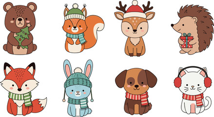 Obraz premium Winter Animal Characters Set with Bear, Fox, Rabbit, Deer, Squirrel, Hedgehog, Cat, and Dog in Holiday Hats and Scarves