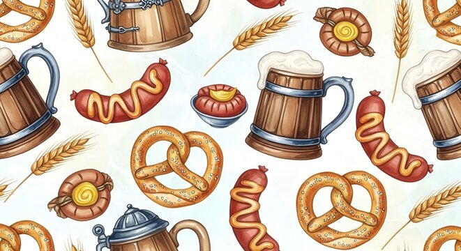 Oktoberfest Pattern: Beer Mugs, Sausages, Pretzels, and Wheat Stalks