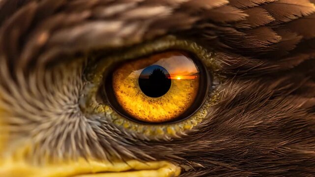 Dramatic macro photography of a wild predator's eye, capturing the sunset reflection in the pupil.