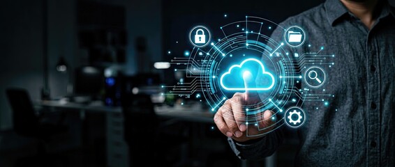 Fototapeta premium Digital transformation action in office environment technology content with cloud computing focus nighttime viewpoint enhancing data security and connectivity