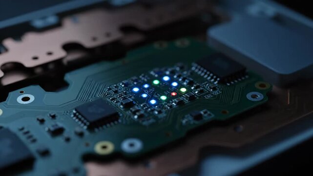 Macro close-up shot of a glowing circuit board displaying intricate electronics, microchips, and blue LEDs.