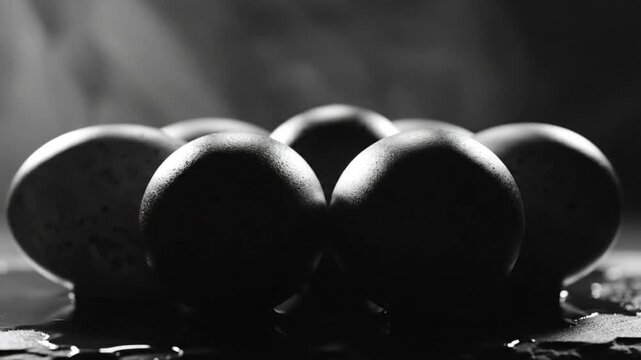 Black and white still life of six eggs in a row with dramatic lighting and dark shadows creating a moody atmosphere