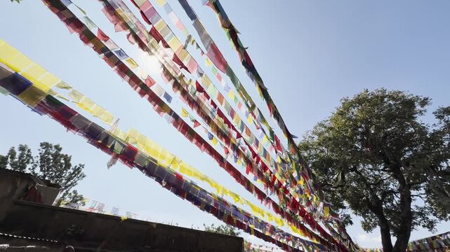 Sunlight Filtering Through Colorful Buddhist Prayer Flags, Nepal