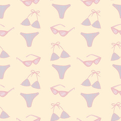 Seamless pattern with women's swimsuits and sunglasses on a pastel background, hand drawn. Seamless stylish pattern on a summer theme. © Viktoria