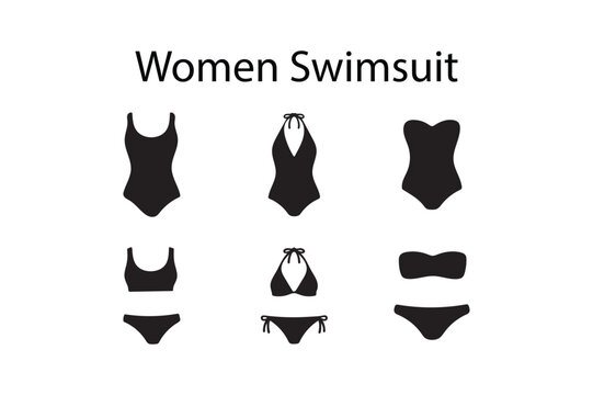 Women Swimsuit Collection Set Bundle One Piece and Bikini Silhouette Icons Pack.
