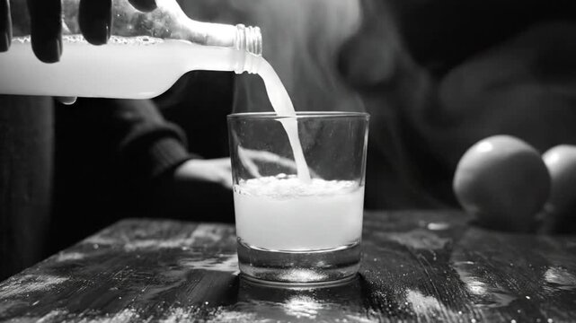 Black and white video of a person pouring a milky liquid into a glass with steam rising