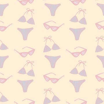 Seamless pattern with women's swimsuits and sunglasses on a pastel background, hand drawn. Seamless stylish pattern on a summer theme.