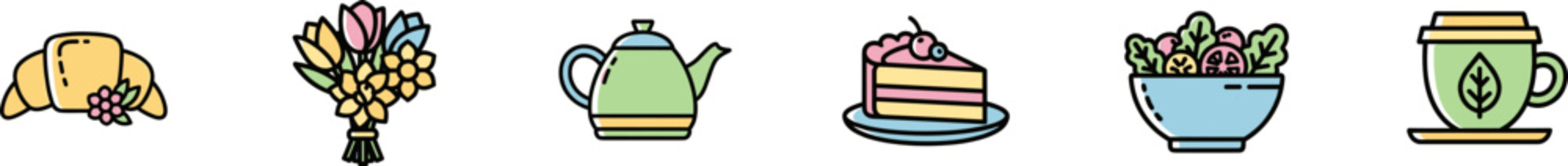 Set of colorful vector icons illustrating a cozy tea time or brunch setting, featuring food, drinks, and floral decor.