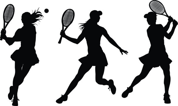 Dynamic female tennis player silhouette set in action poses with racket & ball. Bold athletic woman sport illustration perfect for fitness, club & tournament.