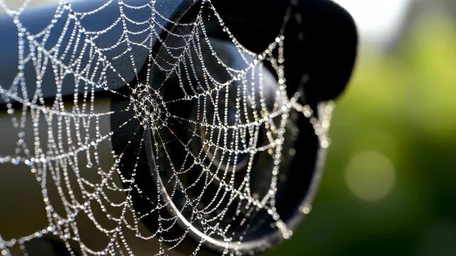 Macro photograph of a delicate spider web covered in sparkling morning dew, showcasing intricate natural patterns in the garden.