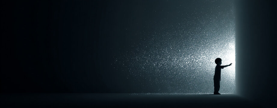 Conceptual Image of Child Reaching Towards Mysterious Light in Dark Room Symbolizing Exploration and Curiosity