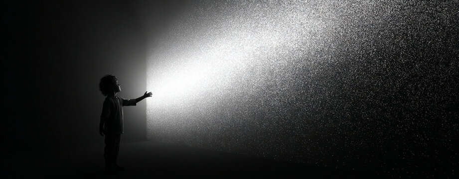 Silhouette of Child Reaching Towards Mysterious Light in Dark Space Represents Curiosity and Discovery
