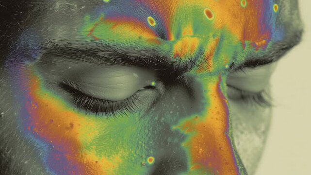 Brain CT showing active prefrontal cortex concept. Close up of a human face with closed eyes showing thermal imaging colors for skin temperature analysis