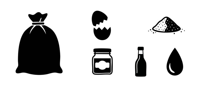 Cooking ingredients icons set, food preparation icons, sack flour egg jar oil bottle, flat black vector illustration for culinary design, bakery supplies, recipe book graphic elements, isolated on whi