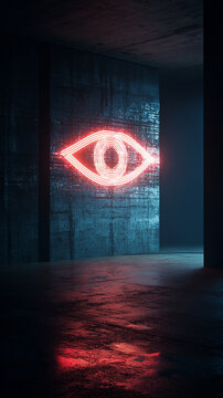 Futuristic Neon Eye Symbol on Dark Urban Wall Reflecting Red Light Conceptual Surveillance Art