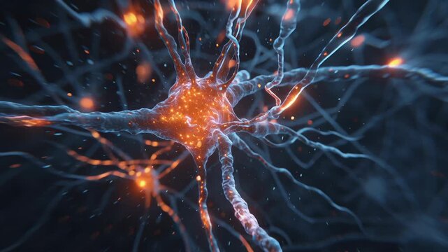 Brain CT showing active prefrontal cortex concept. Detailed 3D illustration of glowing neurons with synapses transmitting signals in the human brain