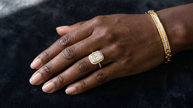 close up An elegant gold bracelet and a luxury diamond ring on a Black woman's hand, A beautiful fashion accessory concept showing fine jewelry on dark skin.