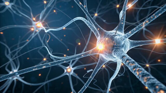 Brain CT showing active prefrontal cortex concept. Close up view of glowing neurons transmitting signals in the human brain network