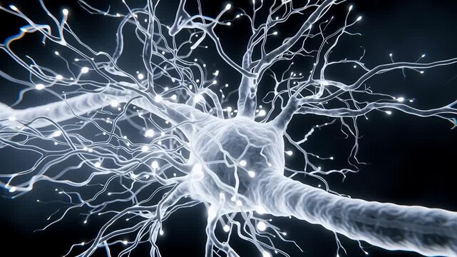 Brain CT showing active prefrontal cortex concept. Detailed digital visualization of a neuron cell with glowing synapses illustrating neural connections and brain activity