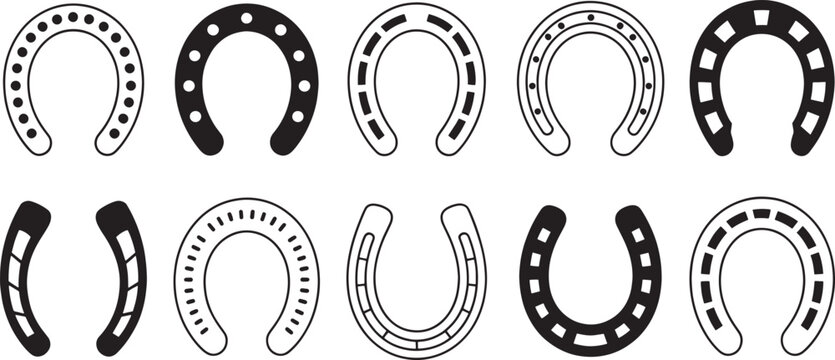 Horseshoe icons collection set with various patterns for luck and equestrian sports design elements.