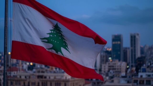 Lebanese flag waves in the evening breeze. Red and white stripes contrast against the sky. The cedar tree emblem is distinct on the flag. City buildings shine softly in the distance
