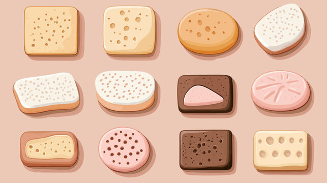 Illustration featuring various stylized, cartoon-like biscuits and cookies on a uniform light background