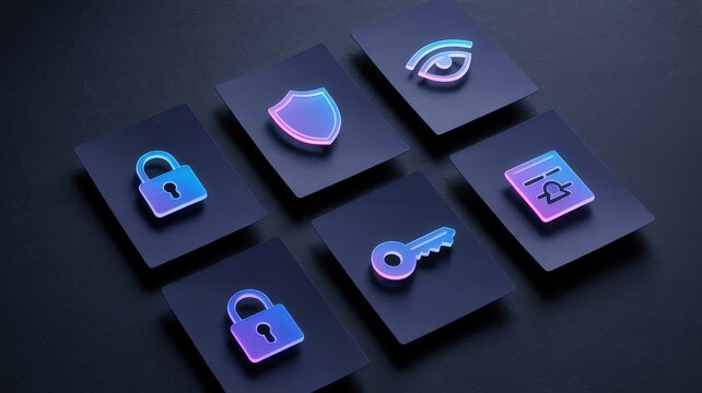 A set of glowing neon icons representing security concepts like eye, shield, key, padlock, and scales on dark cards.