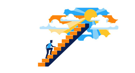 Fototapeta premium Man climbing stairs towards sun and clouds, symbolizing ambition, success, and hope.