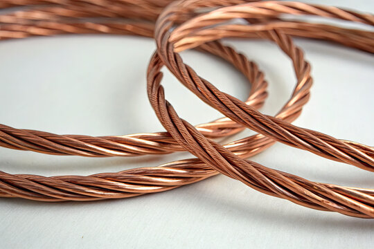 Close-up of twisted copper wire coils on white background, twisted coils macro, metallic texture
