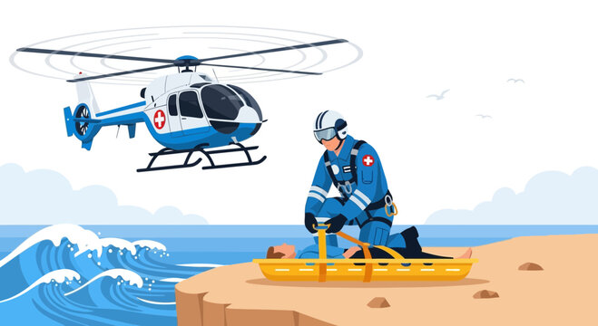 Emergency Rescue: Paramedic and Helicopter Aid Injured Person on Beach