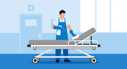 Fototapeta premium Healthcare worker sanitizing hospital bed in empty room, hygiene and disinfection concept