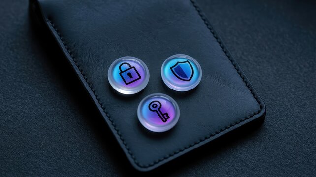 Three circular security icons (lock, shield, key) on a dark leather surface