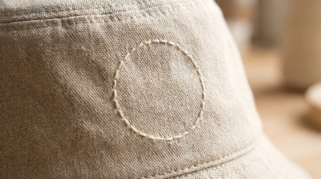 Close-up of beige bucket hat with stitched circle on fabric