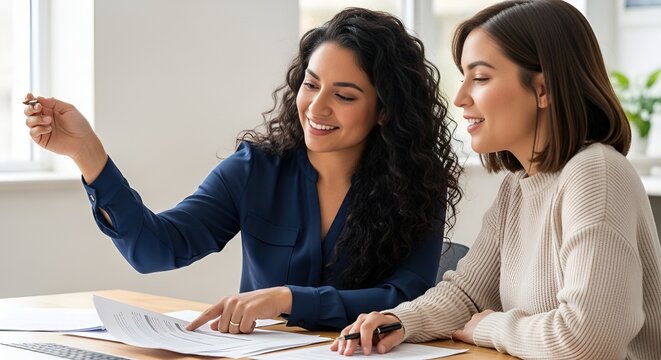 Two women collaborating at a desk, discussing documents and smiling.
