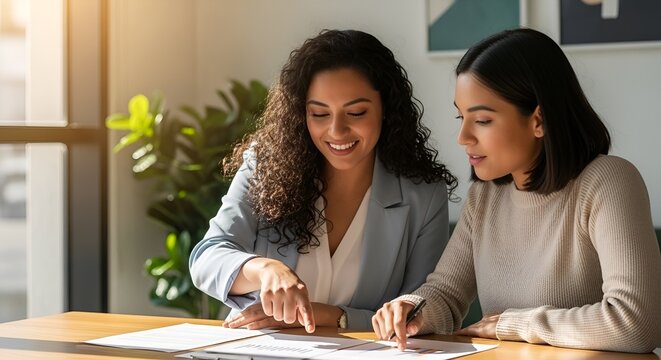 Two diverse women collaborating on a project at a desk, smiling and pointing at documents