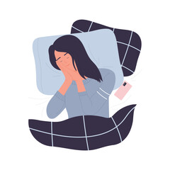 Fototapeta premium Top view of girl sleeping. Bedtime routine, woman fell asleep with phone around cartoon vector illustration